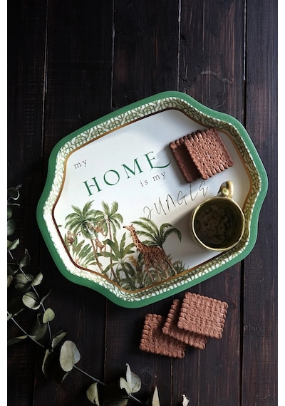 Forrest Green Home Desenli Büyük Sekizgen Metal Tepsi, 27 X 33 Cm
