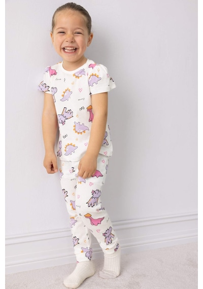 Defacto %100 Pamuklu Dinozor Baskılı Pijama Takımı Kız Bebek E1547A525SM Ekru