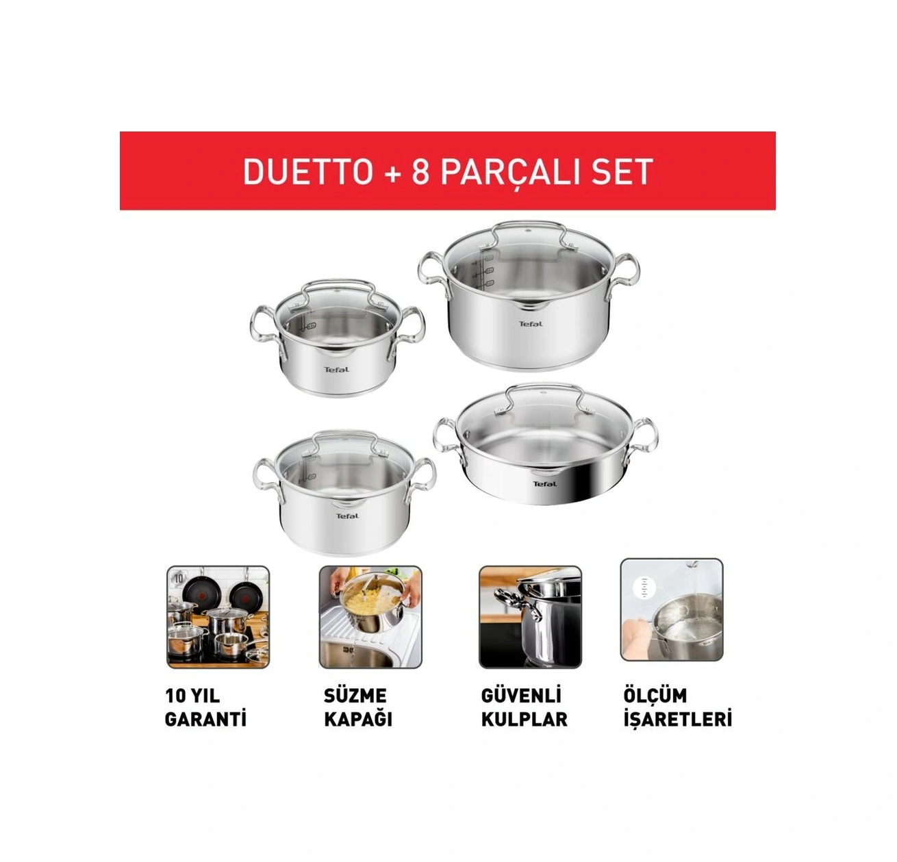 Tefal Duetto İndüksiyon Tabanlı 8 Parça Çelik Tencere Seti Çelik