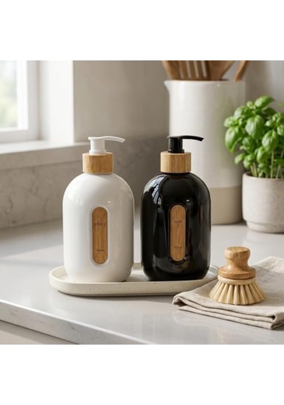 500 Ml Cam Sıvı Sabunluk - Bambu Pompalı Ve Etiketli Şık Tasarım 1 Adet Asorit Gönderim 000 Açık Krem