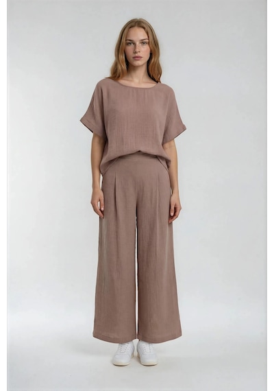 Vitrin Beli Lastikli Geniş Paça Keten Pantolon Camel