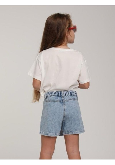 Escabel Kız Çocuk Pamuklu Yuvarlak Yaka Yarım Kol Simli T-shirt-15662 Beyaz