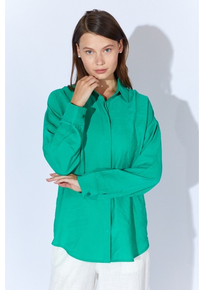 Manche Yeşil Modal Soft Dokulu Yumuşak Gizli Pat Detaylı Oversize Kadın Gömlek Mks168262-01