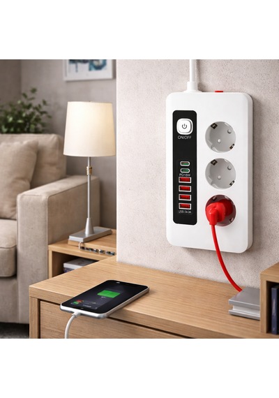 3500w Akım Korumalı 3 Lü Priz 2 Type-c + 4 Usb Girişli Açma Kapama Anahtarlı 2 Metre Kablolu 2 M
