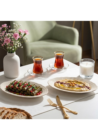 Porsima 4449 Tiffany Porselen Platin Fileli Kayık Tabak Seti - Oval Kahvaltılık Sunumluk Seti 25cm Beyaz