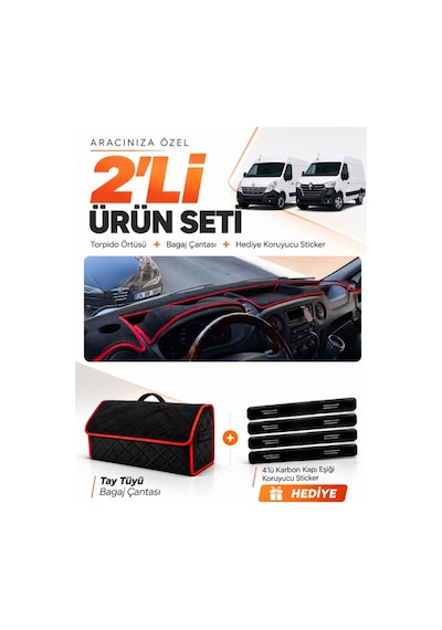 E-biz Renault Master 2011-2021 Uyumlu Torpido Örtüsü + Tay Tüyü Çanta - Siyah-kırmızı - Re037