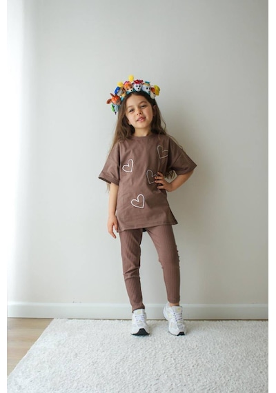 Jeliboom Kids Kalp Nakışlı Taytlı Kız İkili Takım 3-10 Yaş -li6729220 - Kahverengi