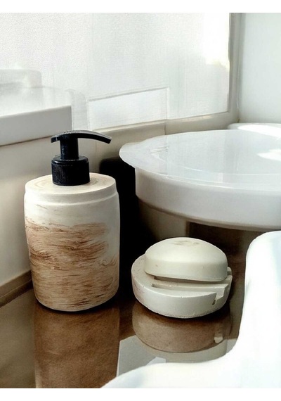 Marble Bej Banyo Seti,sıvı Sabunluk Diş Fırçalığı Beton Aksesuar Takımı Bej