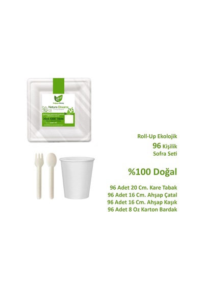 Ekolojik Kare 20 Cm. 96 Kişilik Parti Piknik Sofra Sunum Seti - Tabak Bardak Çatal Kaşık Takımı