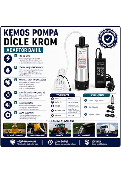 Dicle Krom 220-12 Volt Dalgıç Adaptörlü Mazot Aktarma Sıvı Transfer Pompası