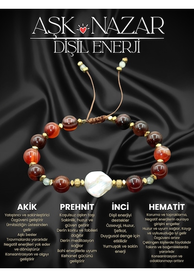 Sertifikalı Akik, İnci, Prehnit Ve Hematit Doğal Taşlı Kadın Bileklik / Gold Kahverengi