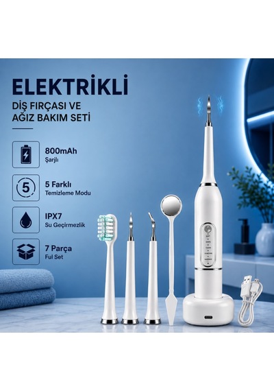 Polham 7 Parça Elektrikli Diş Fırçası Ve Ağız Bakım Seti 5 Modlu, 800mah Şarjlı, Ipx7 Su Geçirmez