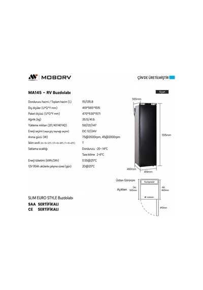 Moborv Ma145 135l 12v/24v Kompresörlü Karavan Buzdolabı