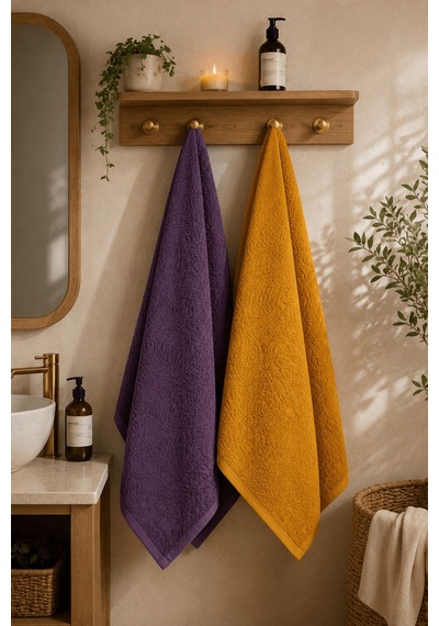 2'li Jakarlı Büyük Boy Banyo Havlusu 90x150 Cm %100 Pamuk Lorea 650 Gr Hardal-mor