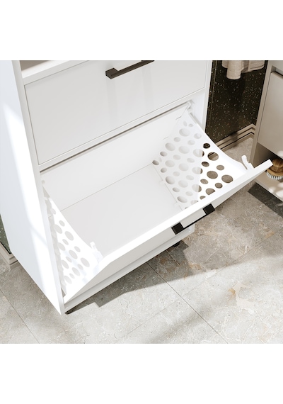 Çamaşır Sepetli Banyo Dolabı, Çok Amaçlı Çekmeceli Dolap 60 Cm Mat Beyaz