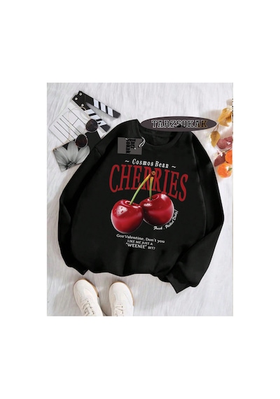 Tarzsokak Biskilet Yaka Sweatshirt Siyah Red Cherries Özel Tasarım