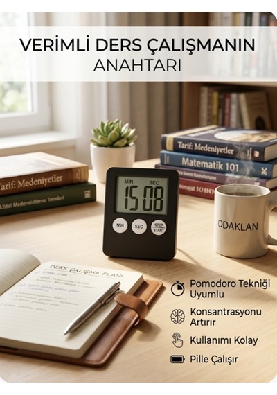 Gmn-1115 Alarmlı Dijital Zamanlayıcı Kronometre, Geri Sayım Özellikli, Mıknatıslı, 100 Dk, Siyah Renk