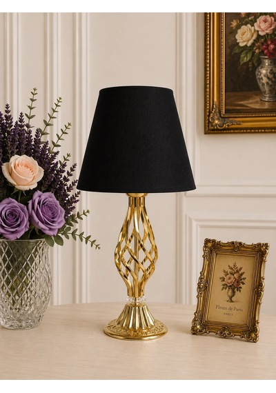 Siyah Kumaş Başlık Gold Metal Burgu Ayaklı Modern Abajur 50x25cm