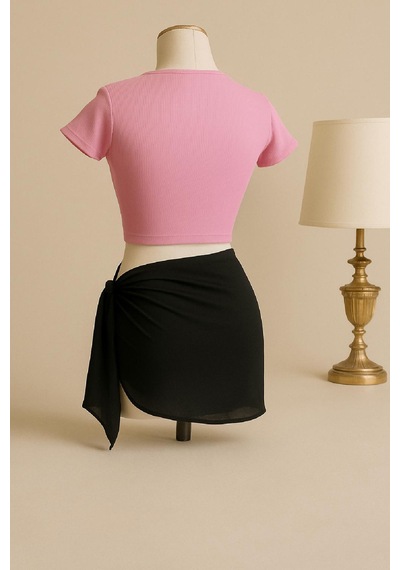 Moda Dua Kadın Pembe Yarım Kol Crop Ve Siyah Pareo 2'li Set