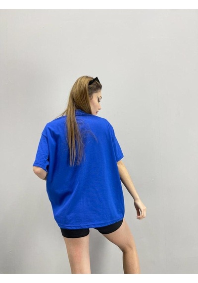 Flood Of Style Kadın Mavi Hardheaded Baskılı Oversize Bisiklet Yaka Tshirt