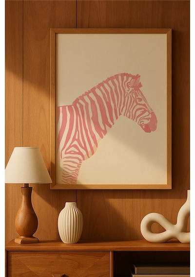 Pembe Zebra Doğal Ahşap Çerçeveli Poster, Dekoratif Hayvan Duvar Tablosu