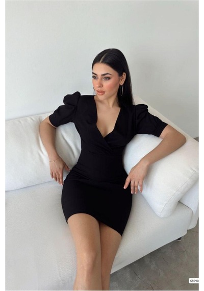 DefyModa Kadın Krep Kumaş Kruvaze Yaka Kısa Kollu Abiye Elbise Siyah