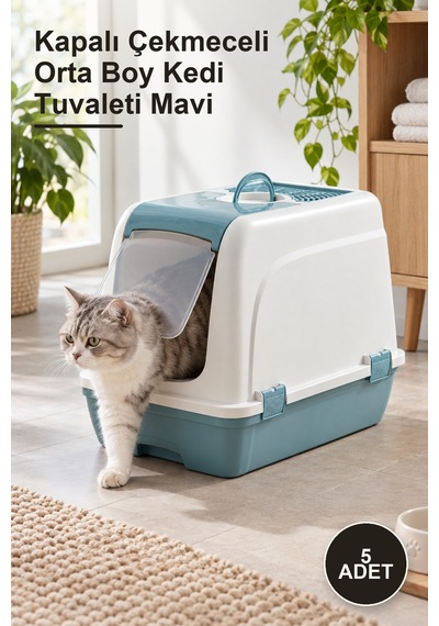5 Adet Kapalı Çekmeceli Orta Boy Kedi Tuvaleti Mavi