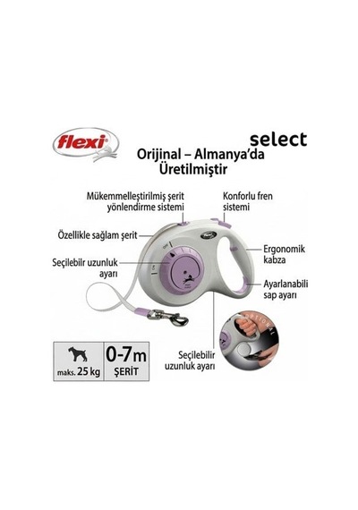 Flexi Select Köpek Otomatik Gezdirme Şerit Kayışı Gri & Lila - 7 M Açık Mavi