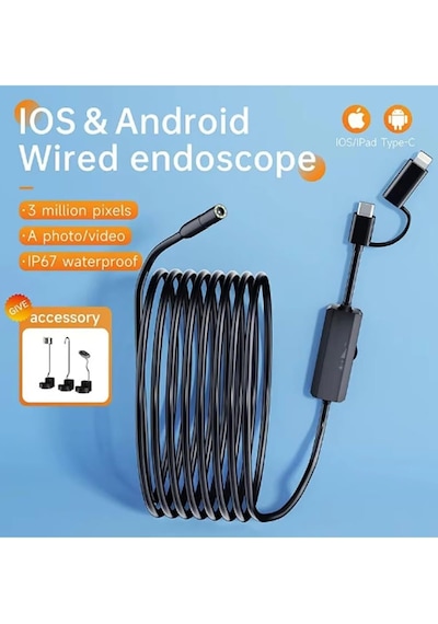 Ayrex 5 Metre Endoskop Yılan Video Kamera Ios Ve Android Uyumlu Led'li 8 Mm Sert Kablo 2mp