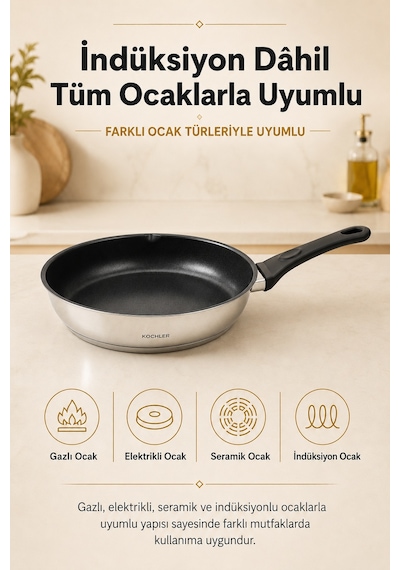 20 Cm Seramik Kaplamalı Paslanmaz Çelik Bakalit Kulplu İndüksiyon Uyumlu Tava Gümüş