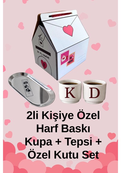 2 Li Kişiye Özel Harf Baskılı Sevgililer Günü Fincan & Tepsi Hediye Seti Özel Kutusunda Krem - 836800041 Krem