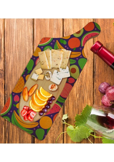 Bk Gift Meyveler Tasarımlı Dikdörtgen Şeklinde Doğal Ahşap Servis Ve Sunum Tabağı Model 1