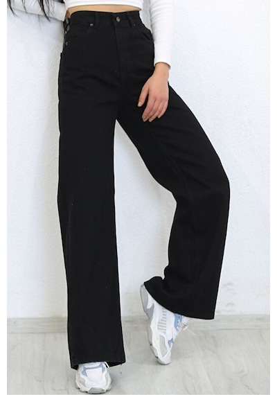Palazzo Pantolon Siyah Yüksek Bel Geniş Paça Bol Kesim Premium Jeans Siyah