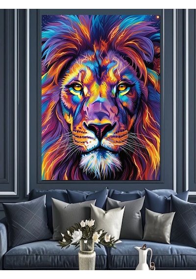 Ahşap Tablo Rengarenk Aslan Başı Portresi