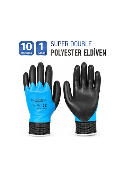 1 Çift Nitril Mavi Siyah No: 10 Beden Polyester Double Nitril İş Güvenlik İnşaat Eldiveni