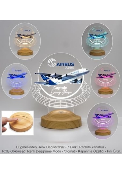 A380 Yolcu Uçağı Renkli Baskılı Kişiye Özel 3d Led Lamba Uçak - Pilot Hediyesi Çok Renkli