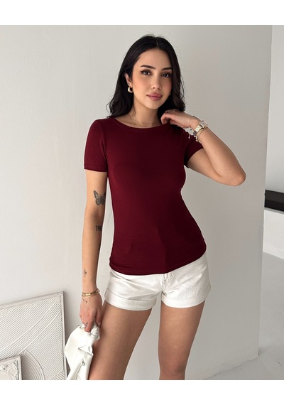 Elaxi Kadın Kısa Kollu Kayık Yaka Buzy Kumaş Tişört Bordo