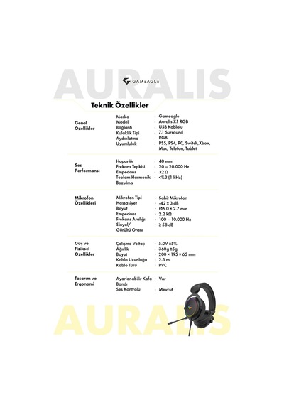 Gameagle Auralis 7.1 Rgb Kablolu Mikrofonlu Profesyonel Oyuncu Kulaklığı Siyah