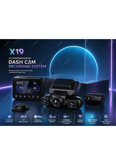 Nvg X19 4k Araç İçi Araç Kamerası 4 Kameralı Gps Wifi G-sensör 24 Saat Park Modu 512gb Destekli Gece Görüşlü Dash Cam