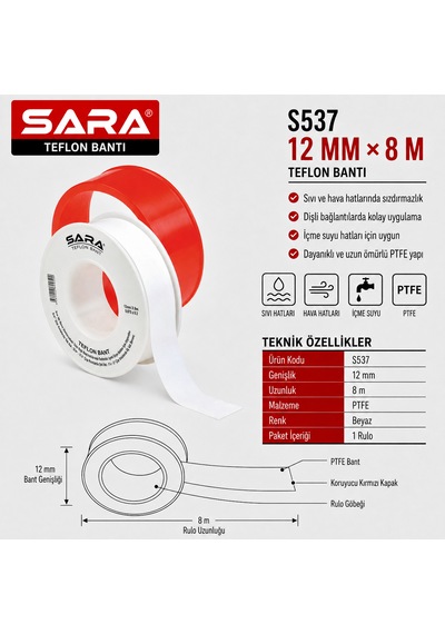Sara S537 Teflon Bant 12 Mm X 8 M, Ptfe, Beyaz, 10 Lu Paket