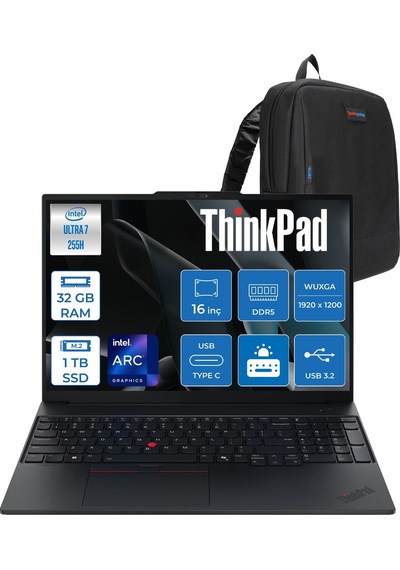 Lenovo ThinkPad E16 Gen 3 21SR006RTXF13 Ultra 7 255H 32 GB 1 TB SSD 16" Free Dos Dizüstü Bilgisayar + Zetta Çanta