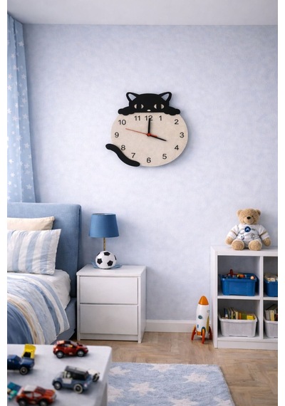 Arliadesign Kedi Figürlü Ahşap Dekor Hediyelik Duvar Saati / 6 Mm Mdf
