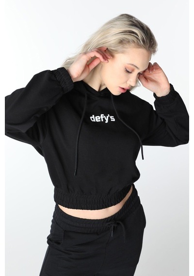 Defys Kadın Baskılı Kapüşonlu Crop Sweat Siyah - 497134715 Siyah