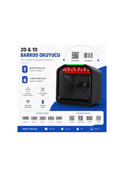 Netum Syble Xb-8807 2d 1d Qr Masaüstü Barkod Okuyucu Usb Kablolu Giriş