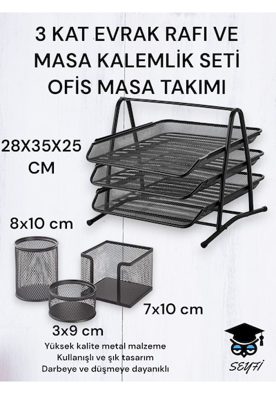 3 Kat Metal Evrak Rafı Ve 3 Lü Masa Kalemlik Seti Ofis Takımı Metal Perfore Siyah