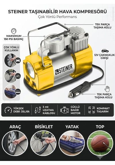 Steiner 12v Çakmaklık Girişli 150 Psi Mini Hava Kompresörü Sarı