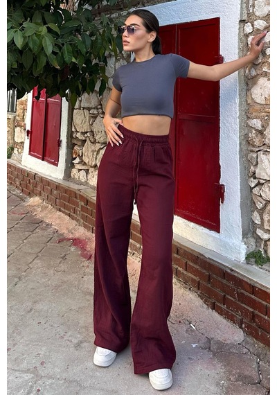 Madmext Bordo Bol Paça Müslin Kadın Pantolon Mg1980 Bordo
