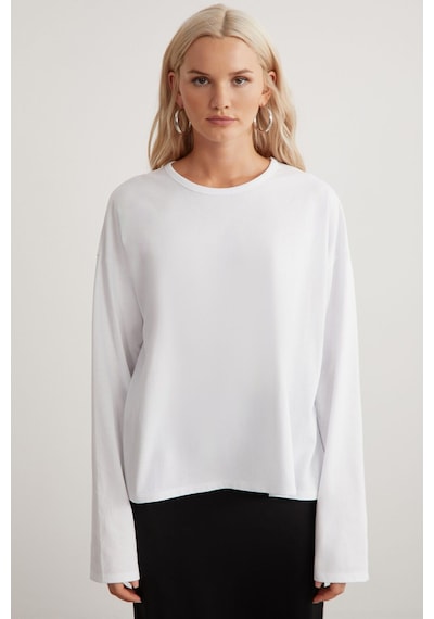 Grımelange Basıl Kadın %100 Pamuk Bisiklet Yaka Oversize Fit Uzun Kollu Beyaz T-shirt