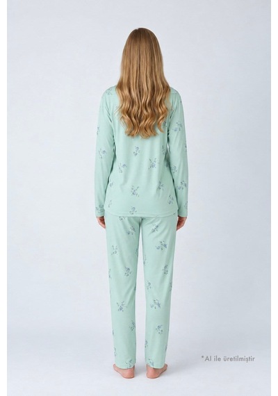 Cottonill Çiçek Desenli Yumuşak Dokulu Gömlek Yaka Düğmeli Uzun Kollu Kadın Pijama Takımı Mavi