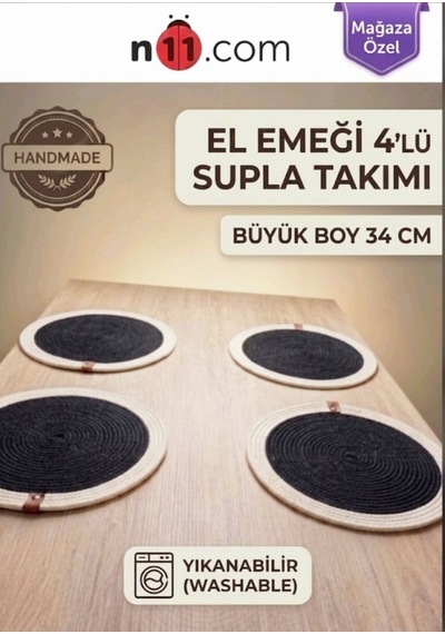 Şık El Yapımı Siyah Beyaz 4'lü Yıkanabilir Supla Takımı. 34cm Büyük Boy Amerikan Servis Siyah-beyaz